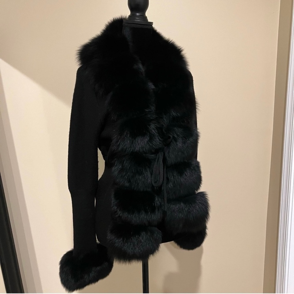 Genuine Fox Fur Cardigan Real Fur Wool Cardigan Trench Parka Jacket Cape Blazer - Picture 4 of 12